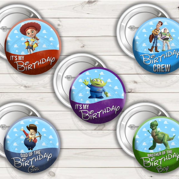 Birthday button, toy story birthday, woody, buzz, alien, rex, jessie, ham, slinky, customizable, bo peep, lots o, celebrating