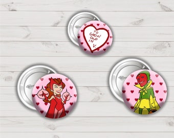 grow old in button set, Wanda button, vision button, Wanda vision hearts love valentines gifts,