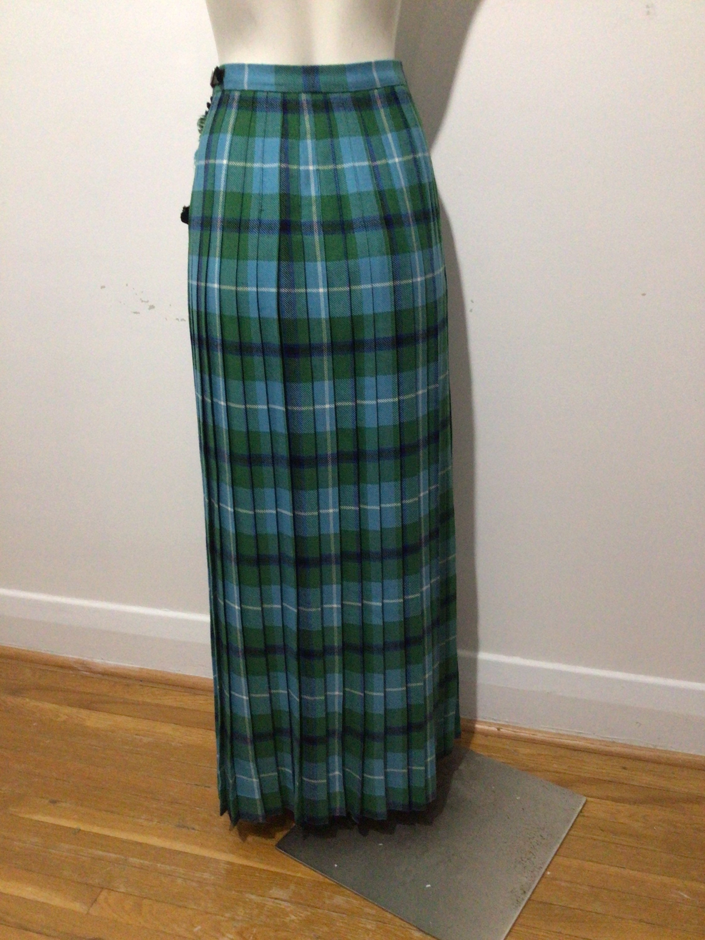 Vintage Long Maxi Wool Kilt. Skirt is Blue and Green Tartan With Black ...
