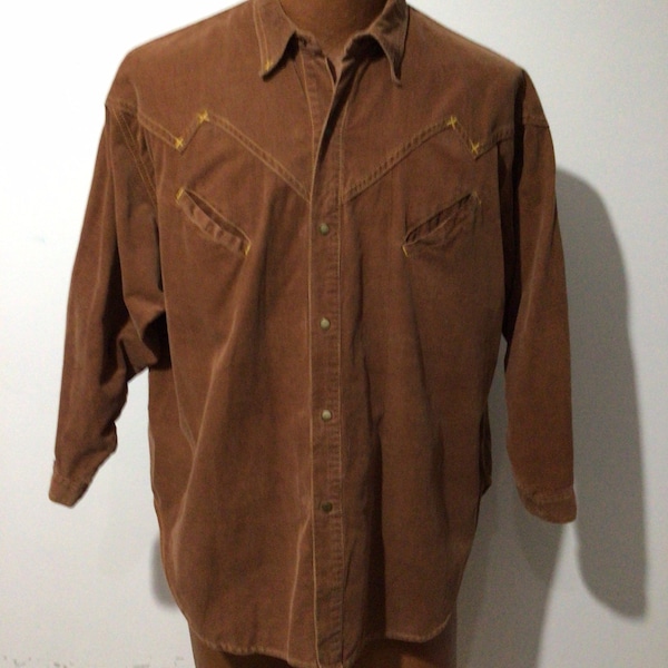 Vintage 60s brown junior boys, corduroy western shirt, brass snaps, off colour stitching. Teen idol.