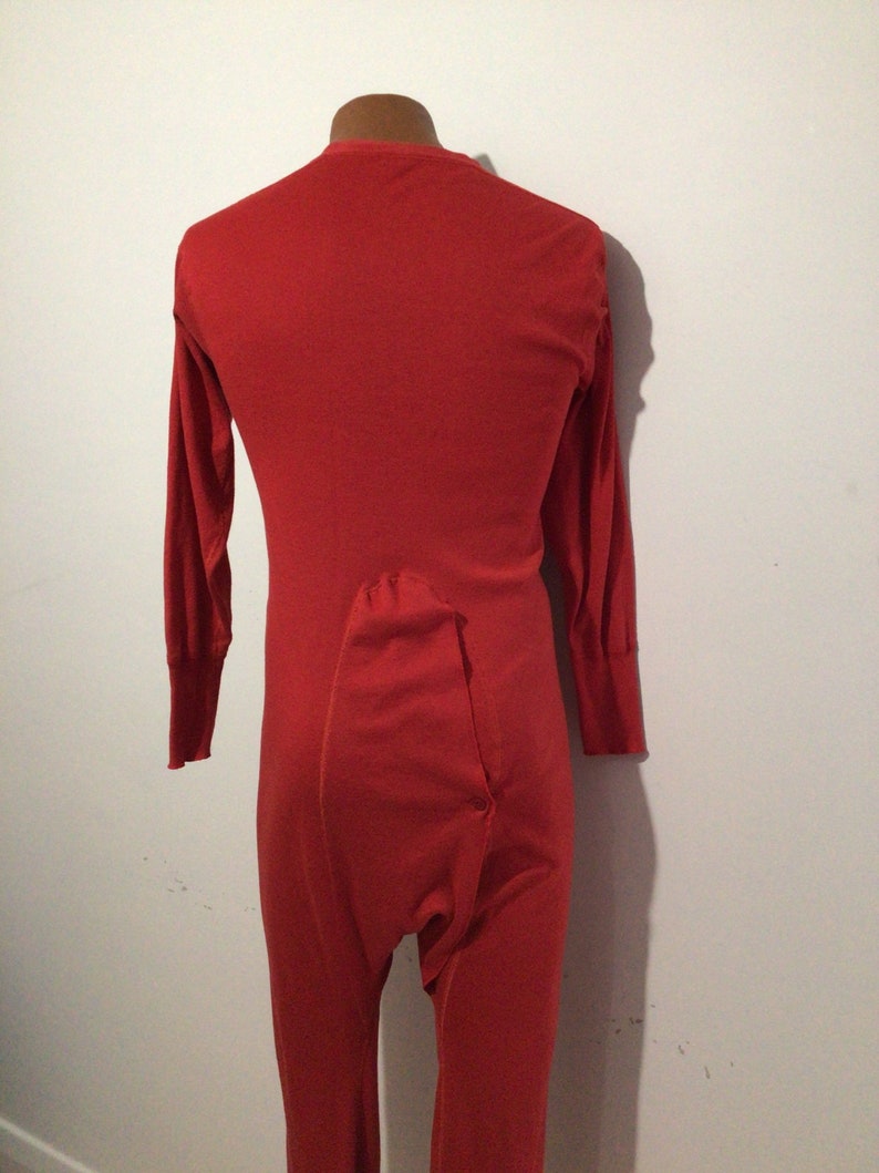 Vintage Red Mens Stanfields Scots Onesie. Trap Door, Cotton, Polyester
