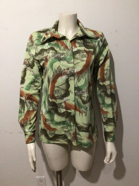 70s Green & Gold Riding Crop Print Dagger Collar Shirt XL
