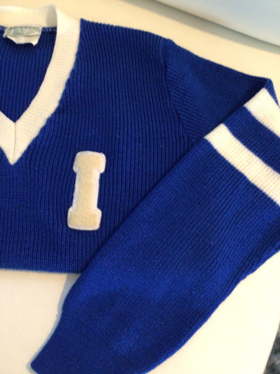 Vintage unisex blue v neck school sweater. Letter… - image 7