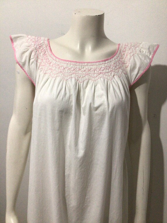 Vintage smocked cotton summer nightgown white and… - image 2