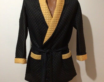 Vintage male smoking jacket, robe, quilted, pockets, belt