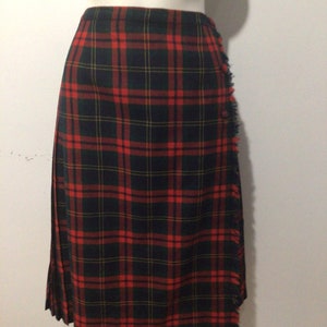 Vintage wool skirt, kilt wraparound, fringe front, pleated, tartan plaid.