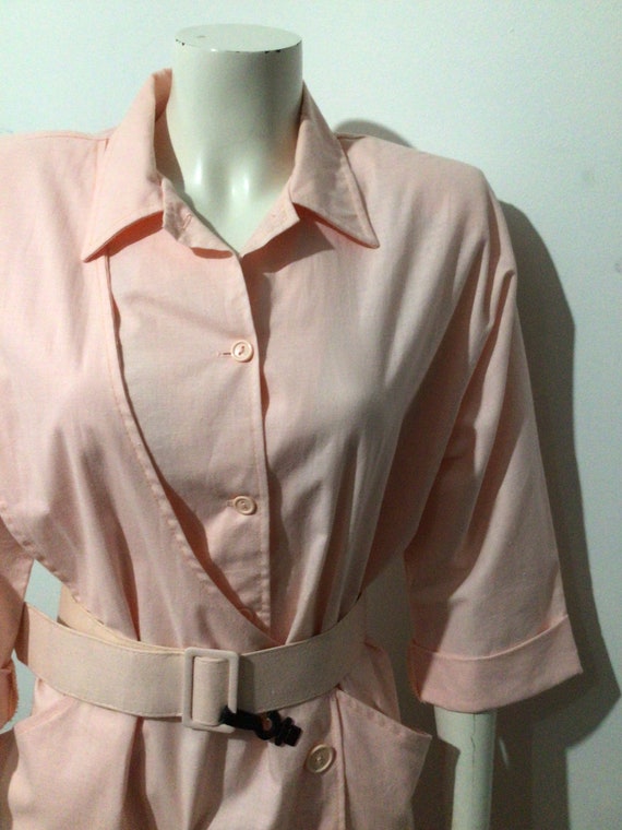 Vintage 80s pink cotton dress. Shoulder pads, bel… - image 3
