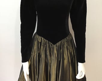 Vintage Black velvet Short Laura Ashley cocktail dress. Crinoline and Taffeta.