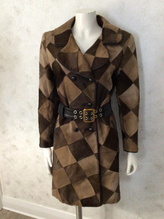 Vintage 60s 70s Leather Mid Length Mod Coat. Split Cowhide Diamond 