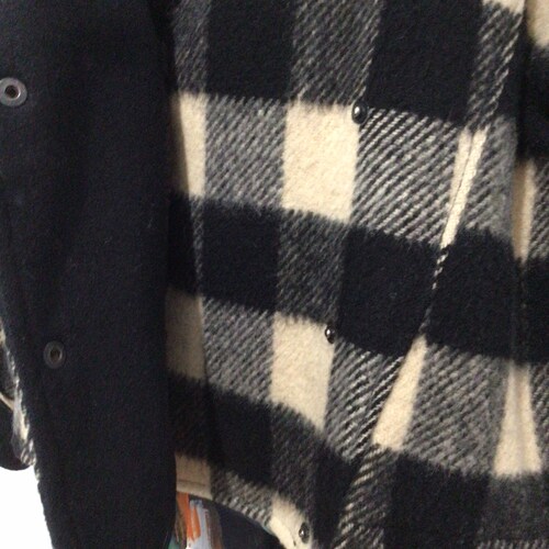 Shops Vintage woman’s wool, black cream check bomber jacket. Double breasted snaps.