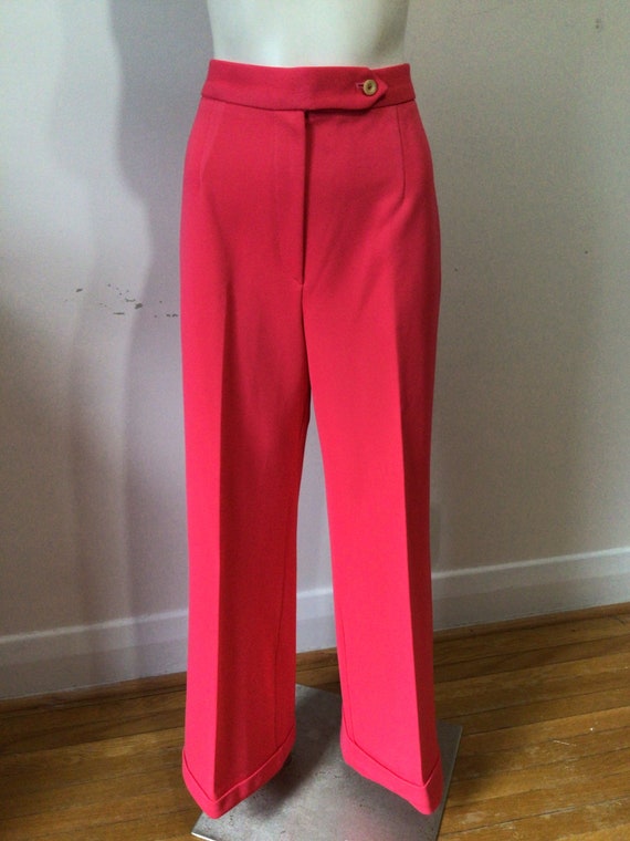 Vintage 70s deep coral polyester flared, high wai… - image 1