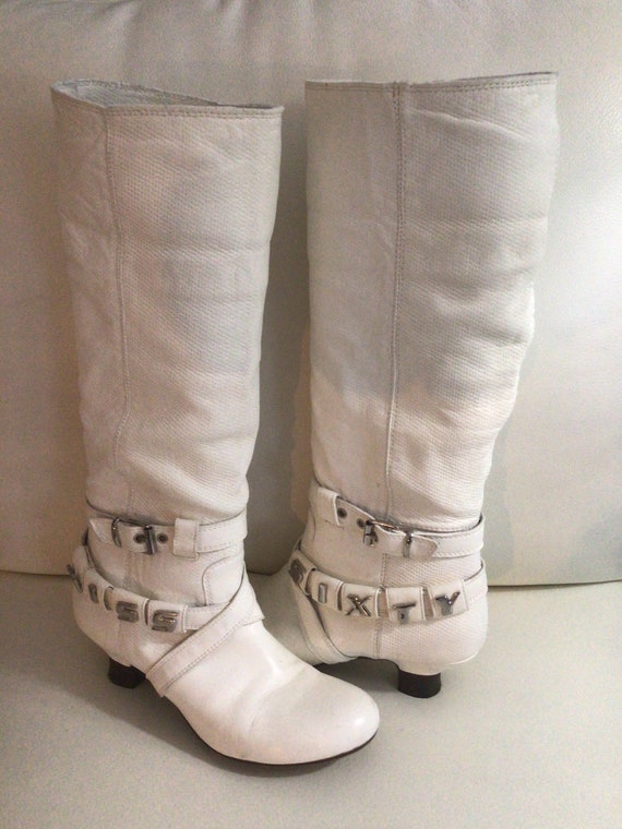 Miss Sixty white leather boots, Victorian heel, b… - image 1