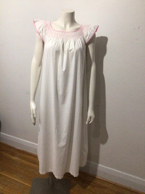 Vintage smocked cotton summer nightgown white and… - image 1