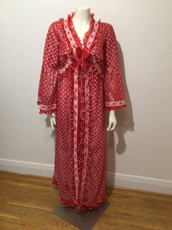 Vintage 60s woman’s red maxi sheer lingerie robe,… - image 1