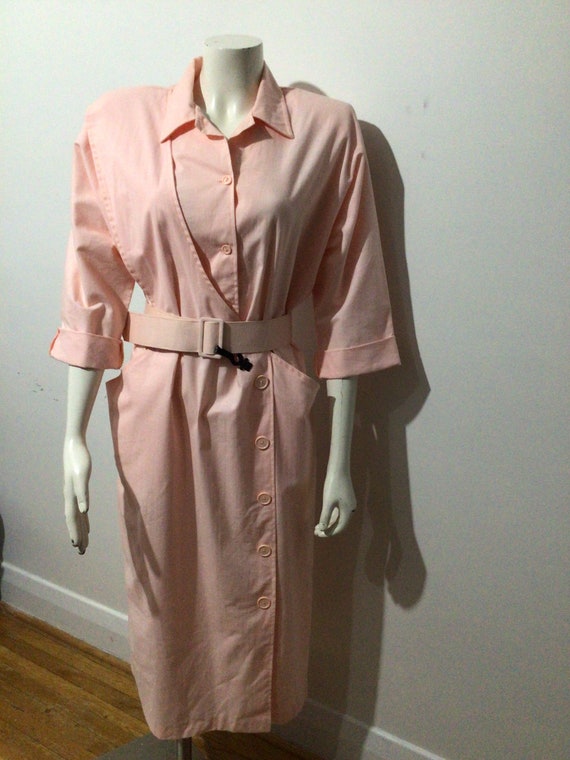 Vintage 80s pink cotton dress. Shoulder pads, bel… - image 1