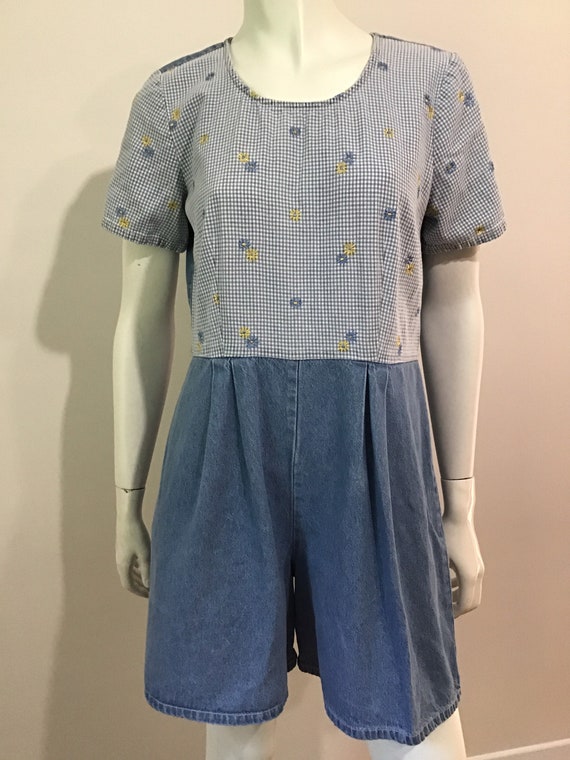 80s Vintage blue denim romper, gingham with embroi