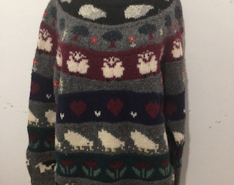 Vintage knit wool sweater. Deans of Scotland, novelty animals, pullover.