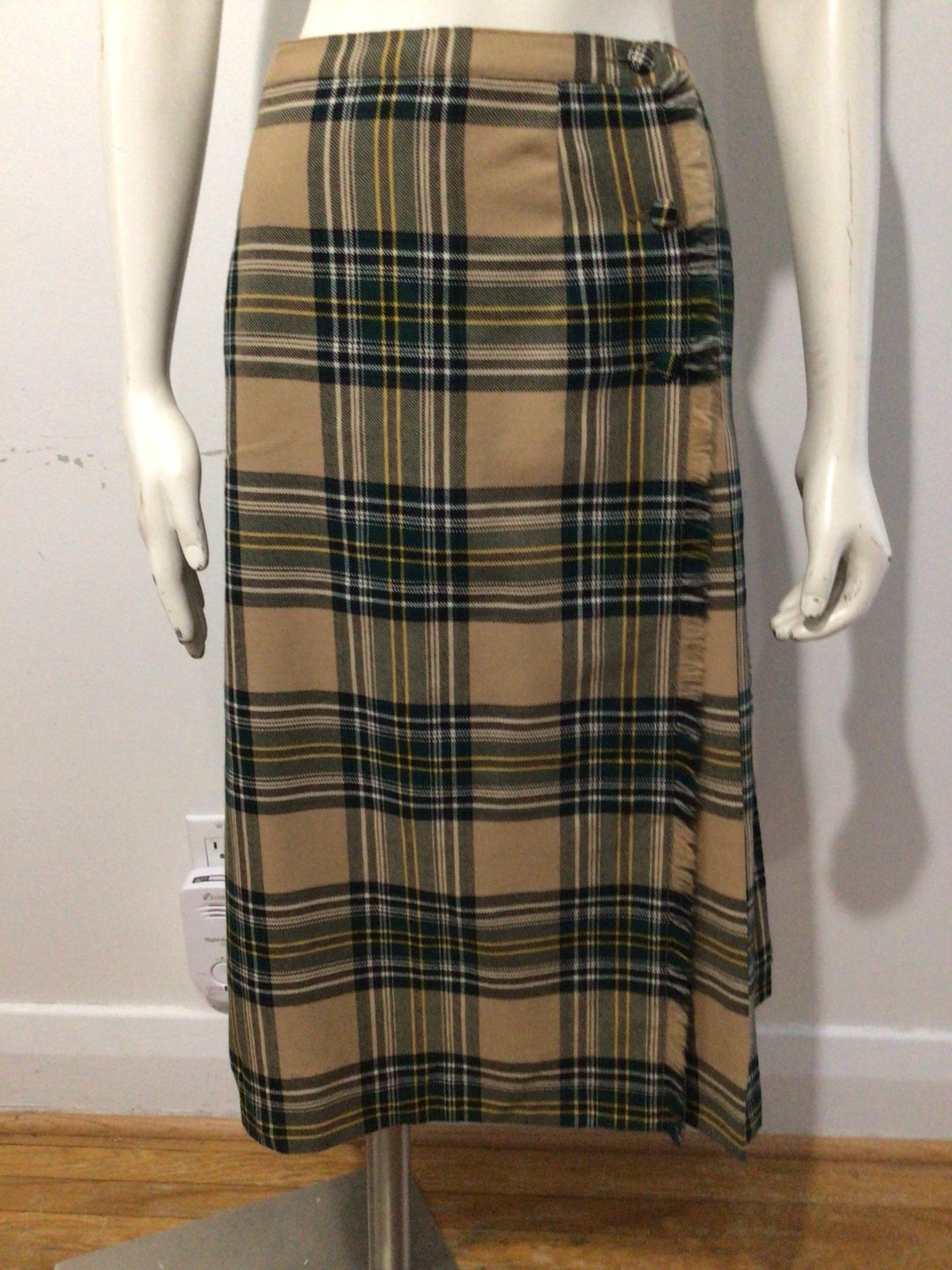 Aljean Check Pattern Wool Half-Length Wrap Skirt, Women's Size M wool gray type Vintage Second Hand