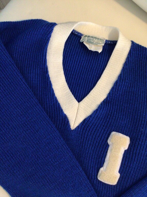 Vintage unisex blue v neck school sweater. Letter… - image 8