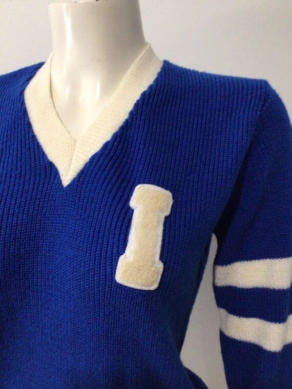 Vintage unisex blue v neck school sweater. Letter… - image 4