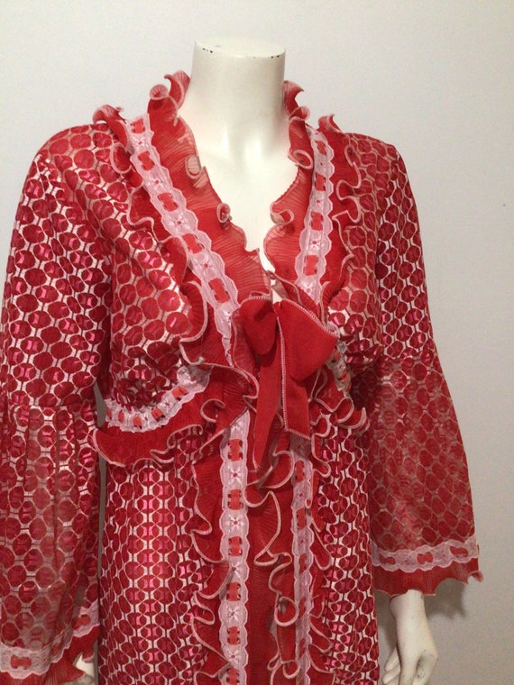 Vintage 60s woman’s red maxi sheer lingerie robe,… - image 2