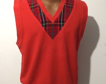 Vintage pullover v neck vest, red with tartan plaid insert. Unisex, sleeveless.