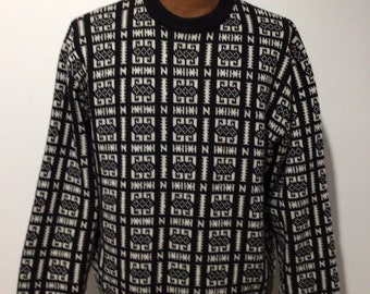 Vintage 1980s men’s Jantzen pullover sweater. Black white geometric design. Doubt if ever worn,  wonderful.