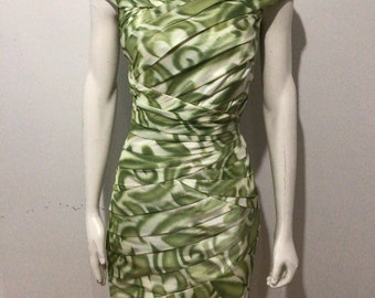 Badgley Mischka green and cream cocktail dress. Ruched, off the shoulder, slim fitting dress. Absolutely beautiful!