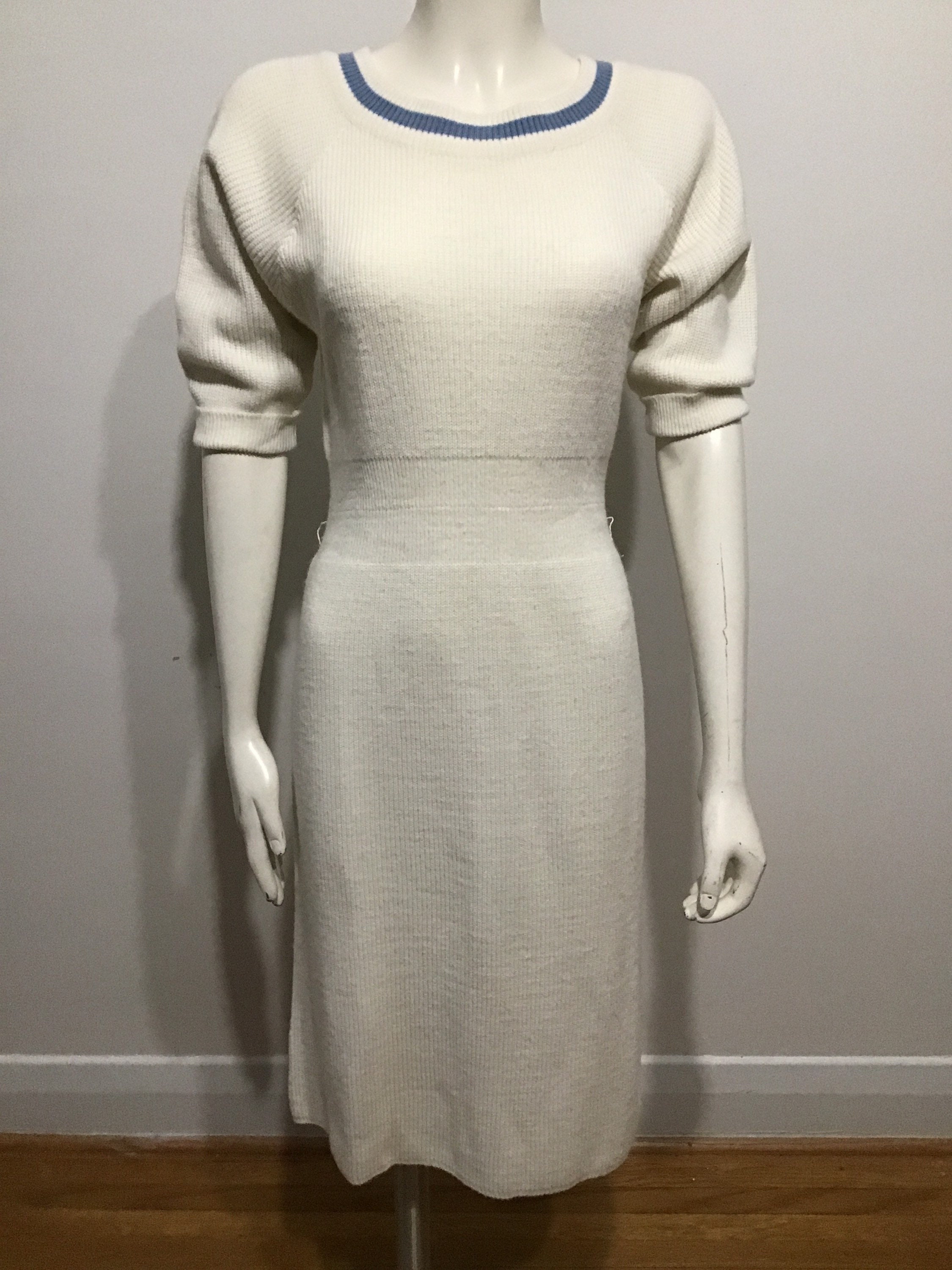 Vintage Cream Knit Dress Blue Trim Around Collar. Italy Etsy