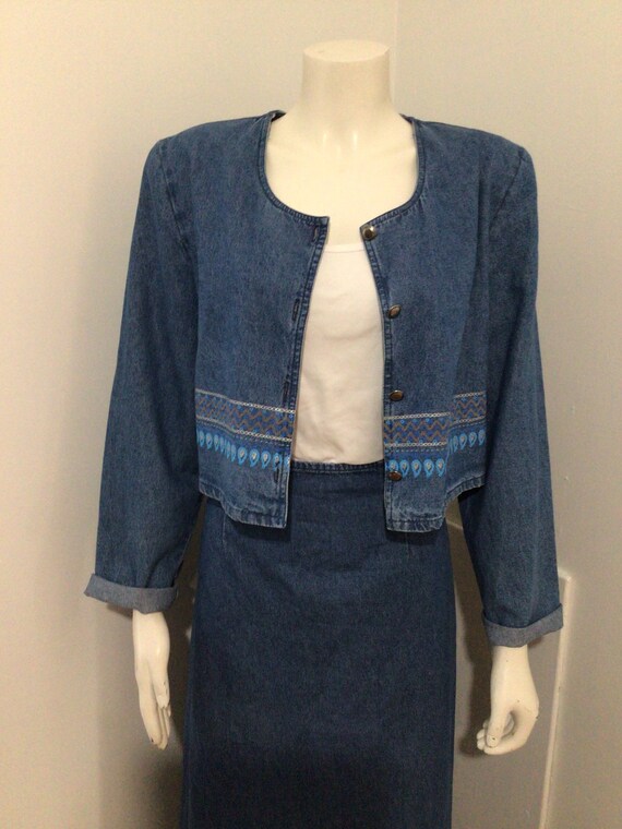 Vintage Black Denim Short Jacket, Bustier and Mini Skirt