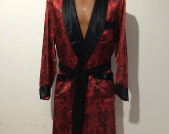 Vintage red wraparound smoking jacket, men’s bath robe, Majestic