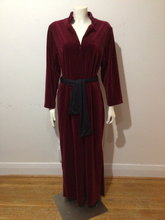 Vintage burgundy velour over the head robe, belt. 
