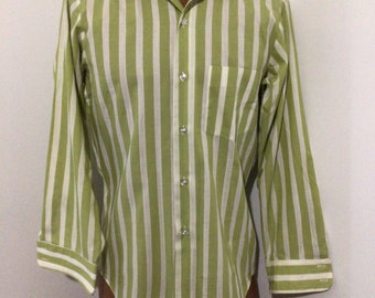 Vintage 70s striped Arrow Tericota Permanent Iron shirt. Green and white, pocket on chest.