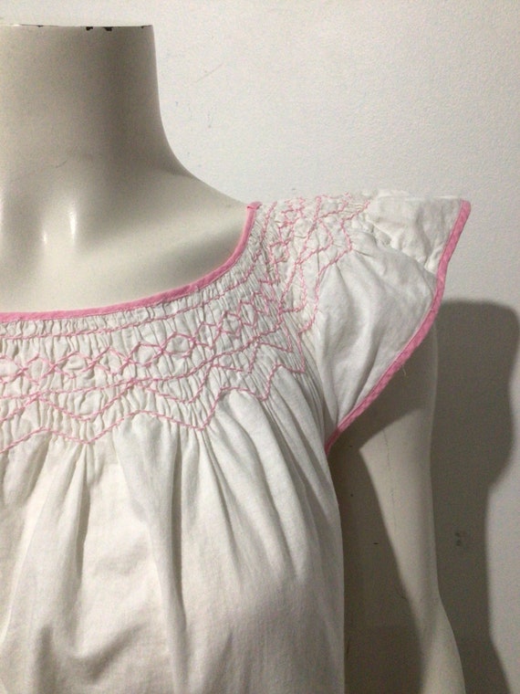 Vintage smocked cotton summer nightgown white and… - image 3
