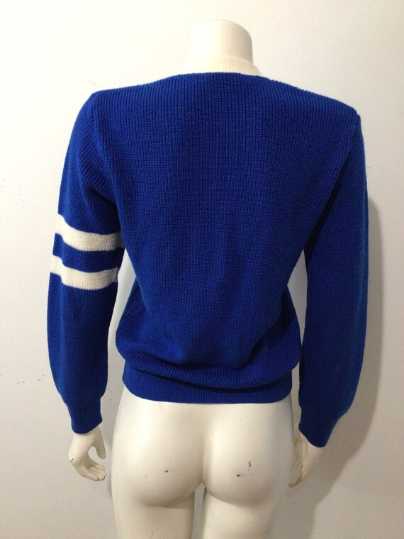 Vintage unisex blue v neck school sweater. Letter… - image 3