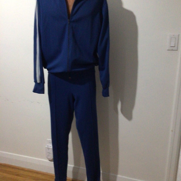 Vintage Blue Adidas tracksuit. Stirrup pants, 100% nylon, made in Korea. 3 stripes.