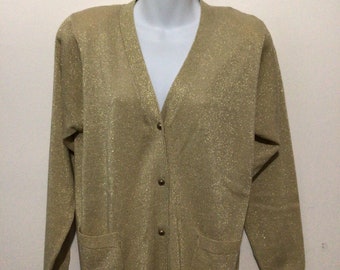 Vintage gold metallic, cardigan sweater. Light knit, V neck, coloured buttons, front pockets, wonderful condition.