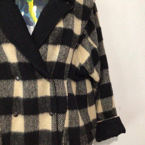 Shops Vintage woman’s wool, black cream check bomber jacket. Double breasted snaps.