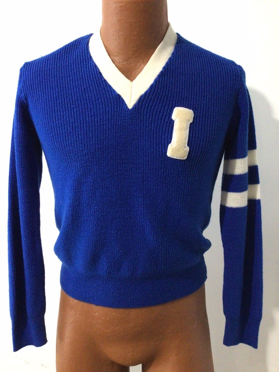 Vintage unisex blue v neck school sweater. Letter… - image 5