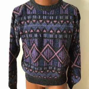 Original Cube 80s pullover sweater. Unisex, grey, purple and blue. Acrylic