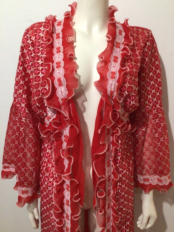 Vintage 60s woman’s red maxi sheer lingerie robe,… - image 7