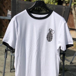 Grenade Lino t-shirt - screen printed on eco-friendly Earth Positive ringer t-shirt