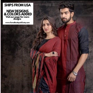 Conjunto de pareja de trabajo con apliques de algodón puro de diseñador Sari con tela de blusa adjunta y Kurta de caballero Ropa tradicional, ocasional, étnica y festiva