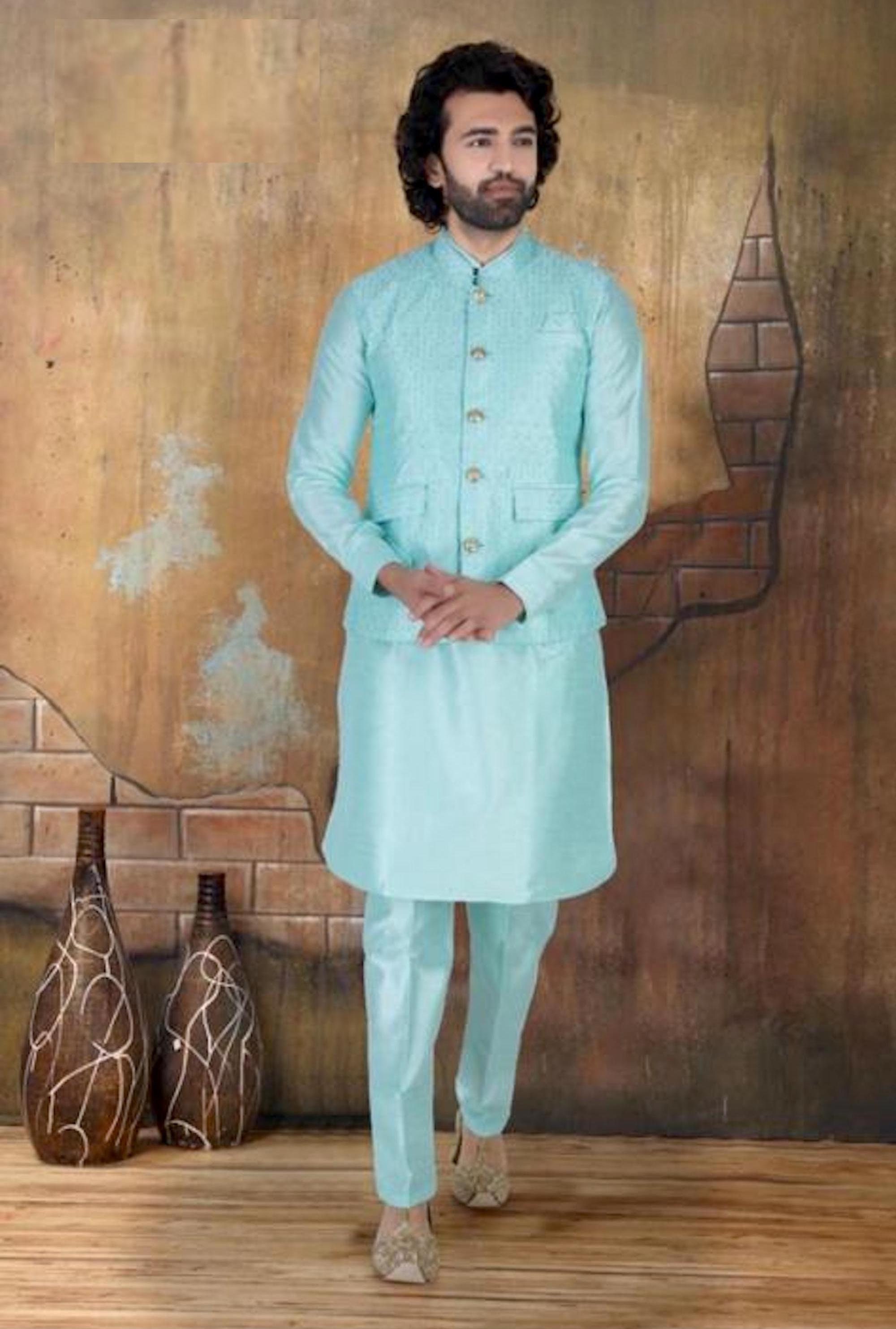 3 Men Kurta Pajama Jacket Set, Indian, Desi, Party Wear