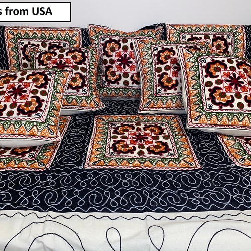 8 Piece Hand Embroidery Diwan set Indian Hand Embroidery Diwan Sets (Covers, shops Bed spread, Kutch Work Bandej Mirror