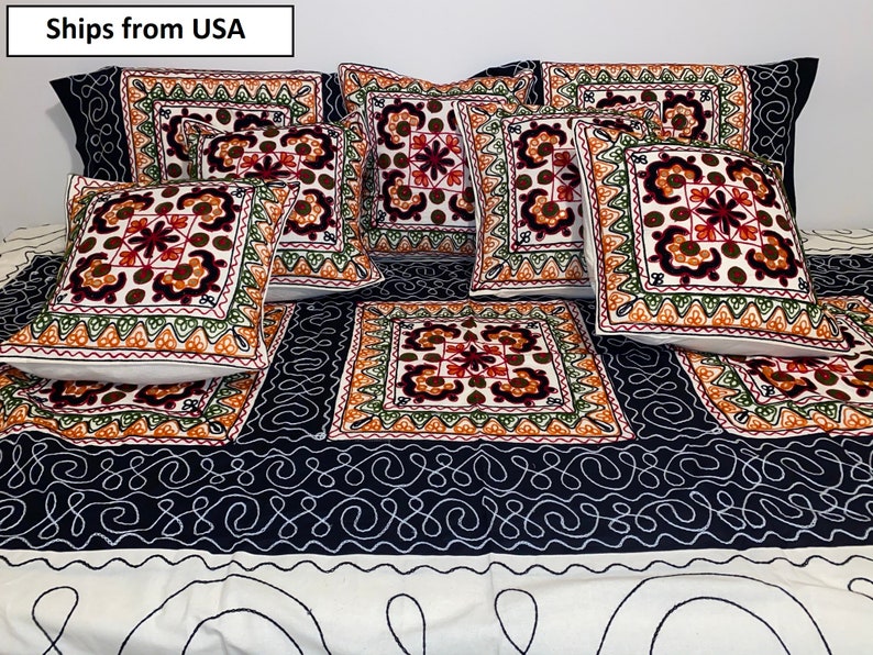 8 Piece Hand Embroidery Diwan set Indian Hand Embroidery Diwan Sets (Covers, shops Bed spread, Kutch Work Bandej Mirror