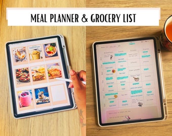 May include: A digital meal planner and grocery list displayed on a tablet. The screen shows a weekly meal plan with breakfast, lunch, dinner, and snack options. The text "MEAL PLANNER & GROCERY LIST" is at the top. A stylus is next to the tablet.