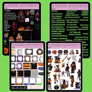 May include: Four digital planner pages with a Halloween theme. The pages feature various graphics, including frames, stickers, and a calendar. The text "Planner Sentiment" is at the top of each page. The colour scheme includes black, orange, purple, and green.