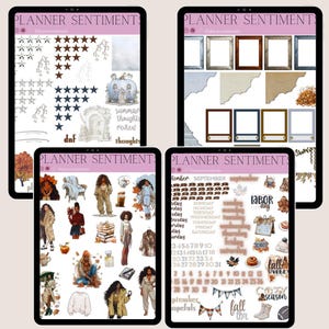 May include: Four digital planner sticker sheets displayed on tablets. The sheets feature various designs, including stars, frames, fall-themed illustrations, and calendar elements. Text includes "Planner Sentiments", "Summer Thoughts Review", and "Fall Vibes".