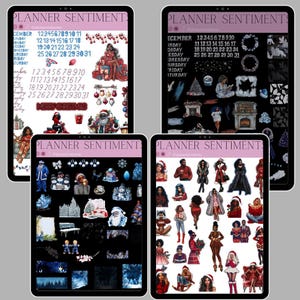 May include: Four digital planner sticker sheets displayed on tablets. The sheets feature Christmas-themed illustrations, including Santa Claus, ornaments, and winter scenes. Text includes the word "December" and calendar dates. The brand name "PLANNER SENTIMENT" is visible.